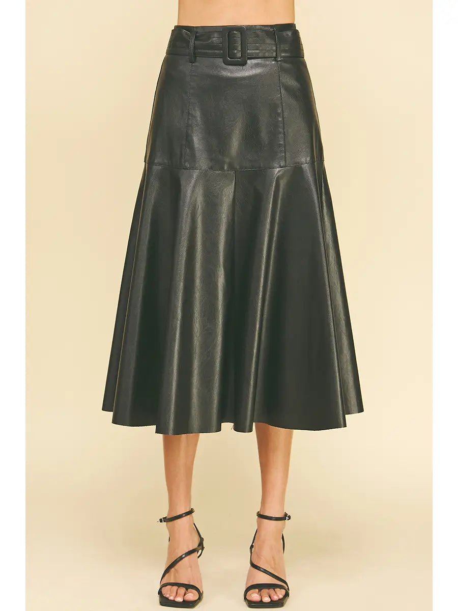 PU Leather Midi Skirt With belt