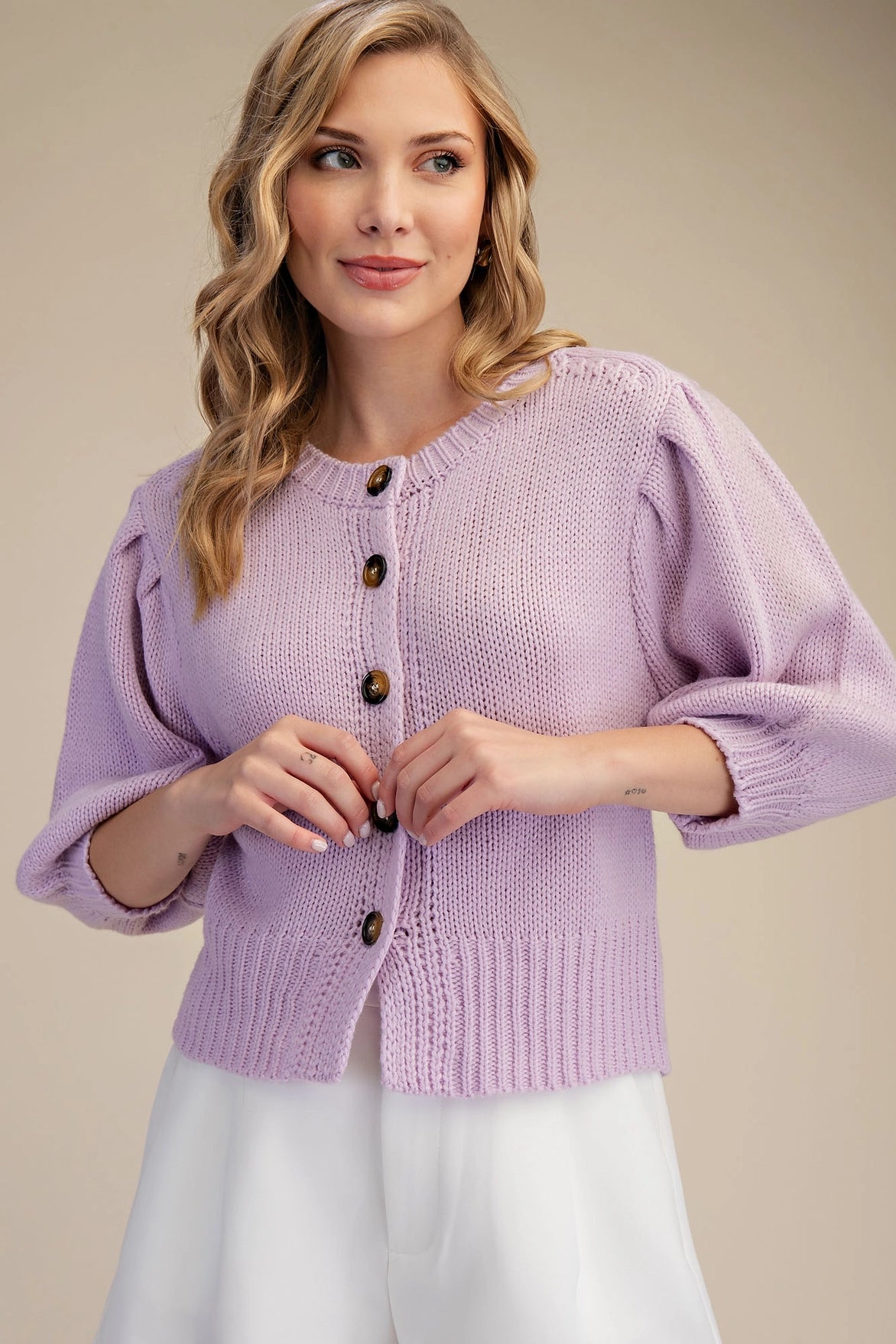 Short Puff Sleeve Button Down Sweater Lavender