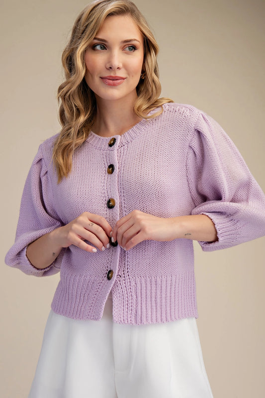 Short Puff Sleeve Button Down Sweater Lavender
