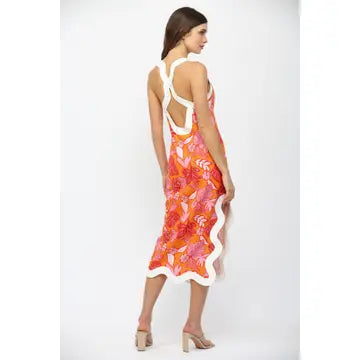 Wavy Edge Tropical Print Midi Dress
