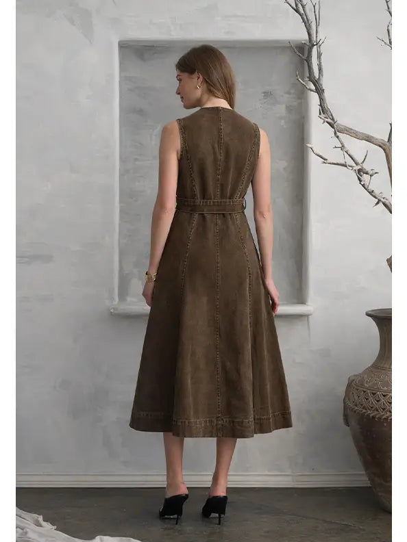 Moon River Denim Embroidered Midi Dress