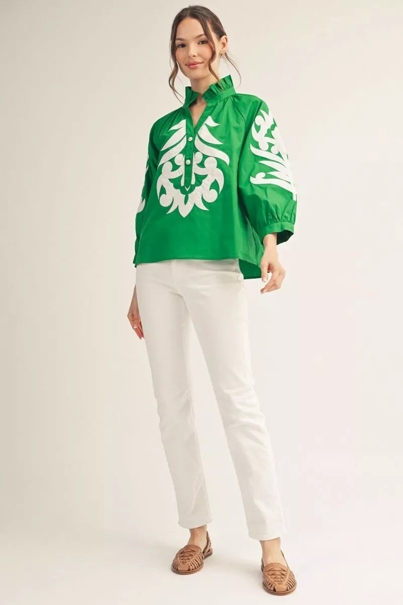 Applique detail top with ruffled neckline 3/4 Sleeve