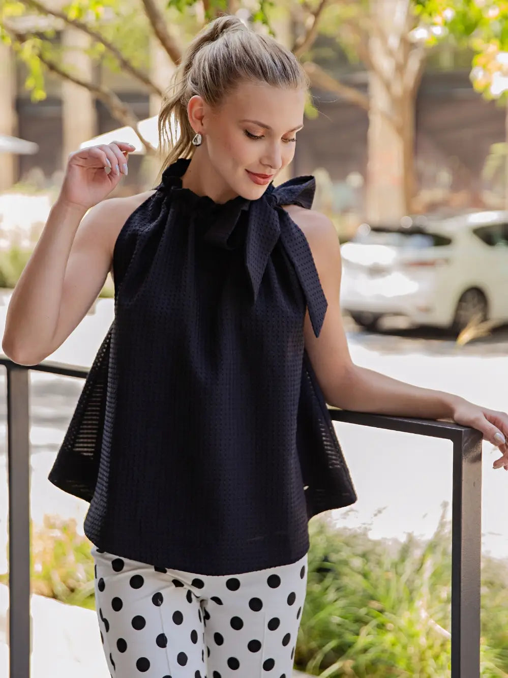 Ruffle Neck Tie Sleeveless Top