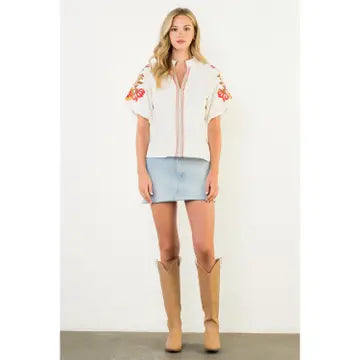 Embroidered Detail Puff Sleeve Corduroy Top