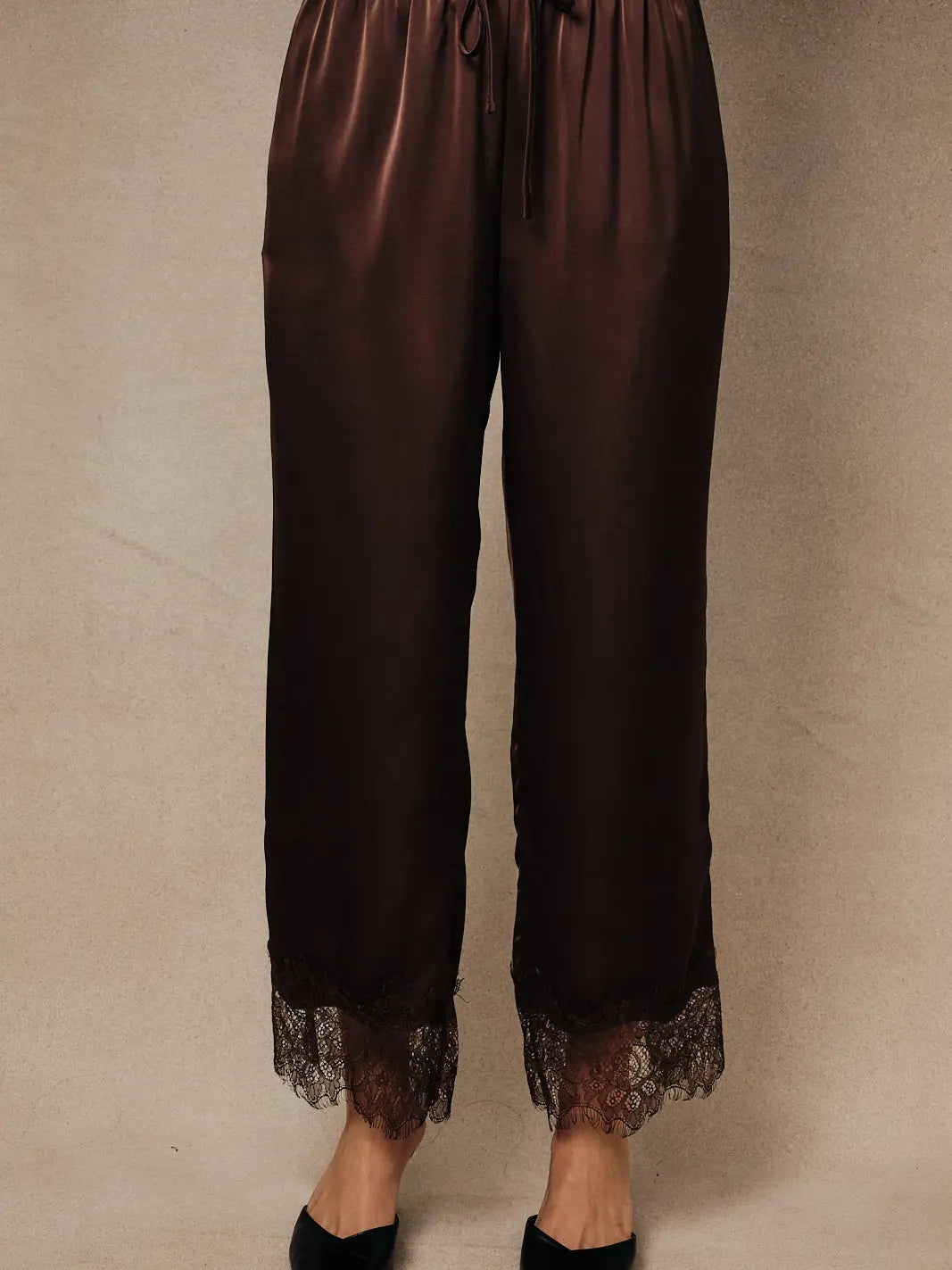High Waist Lace Hem Satin Pants Brown