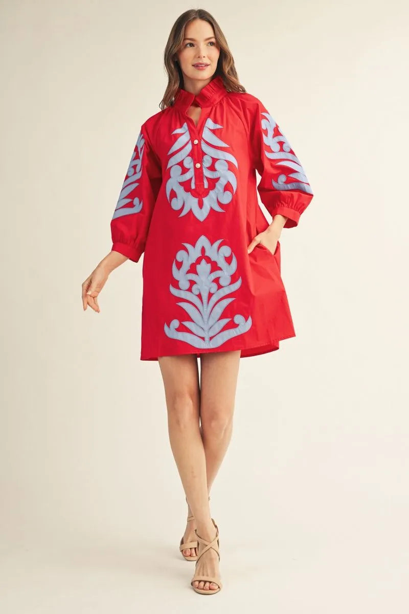 Applique Shift Dress Red/Blue