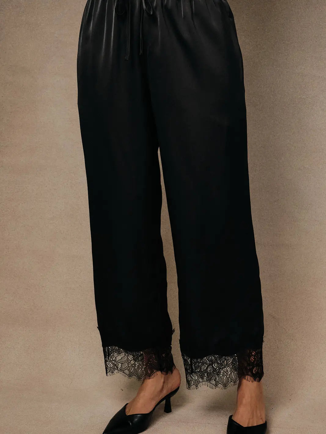 High Waist Lace Hem Satin Pants Black