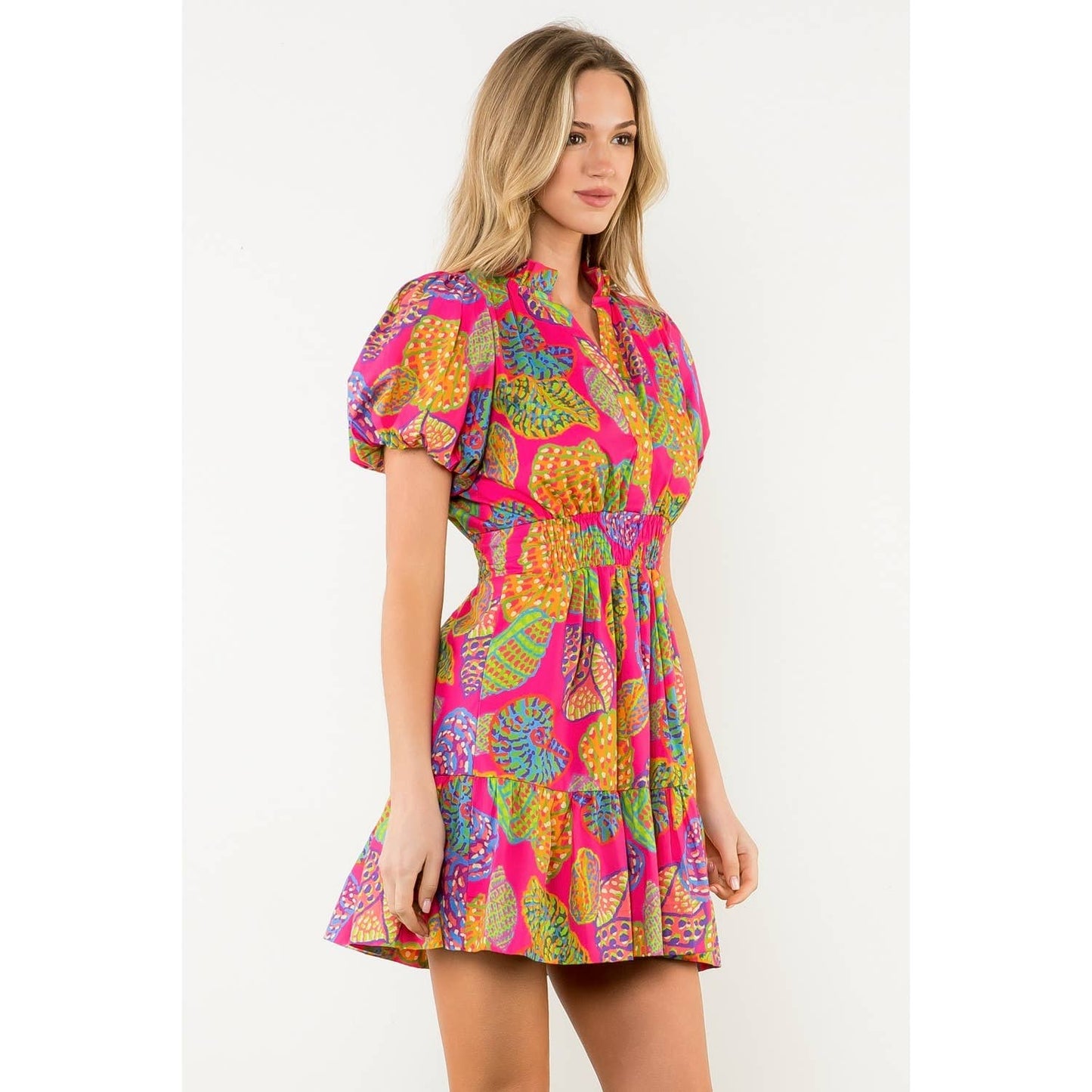 THML Smocked Waist Puff Sleeve Print Dress