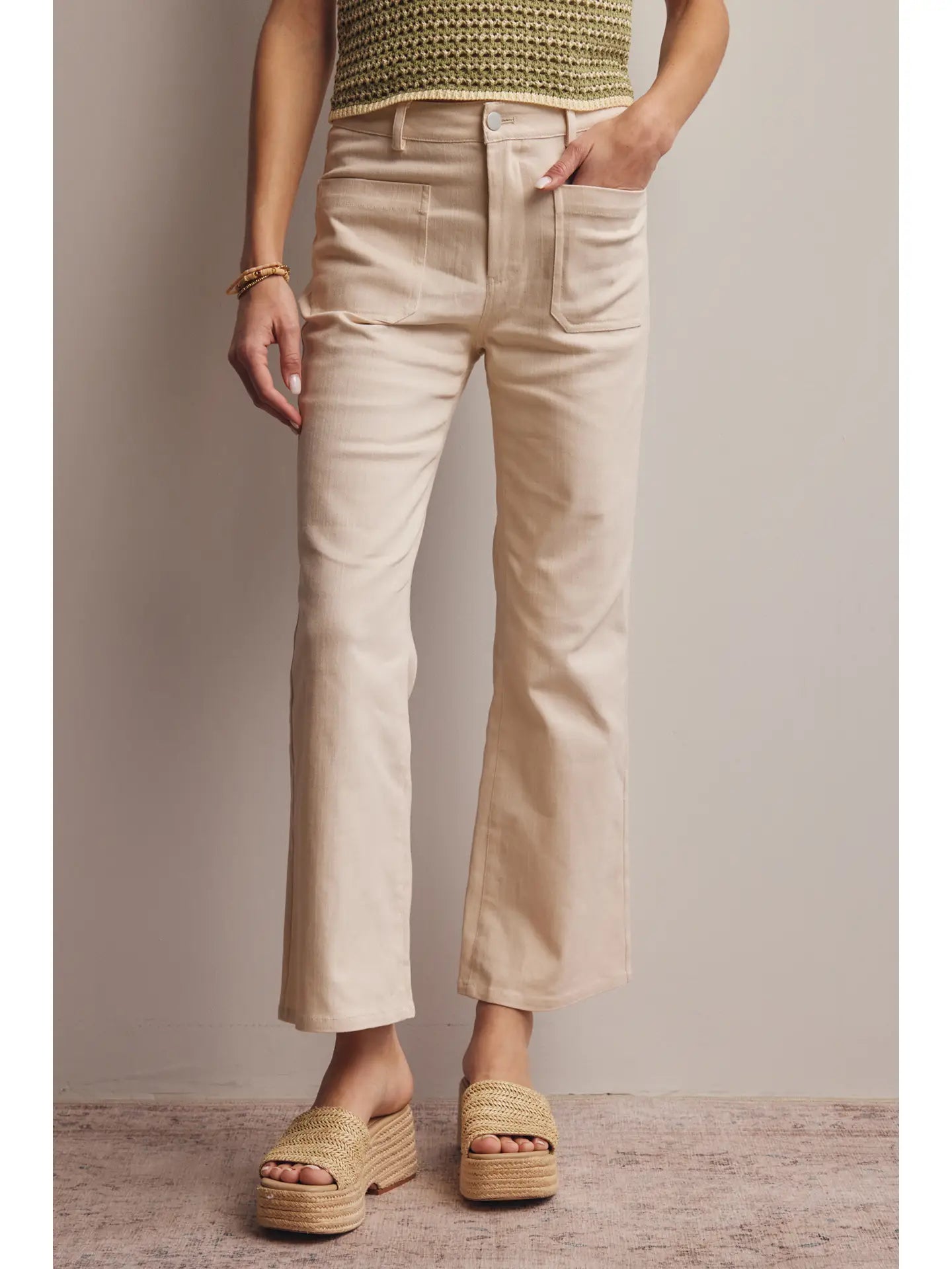 Cropped and Flare Denim Pants Ecru