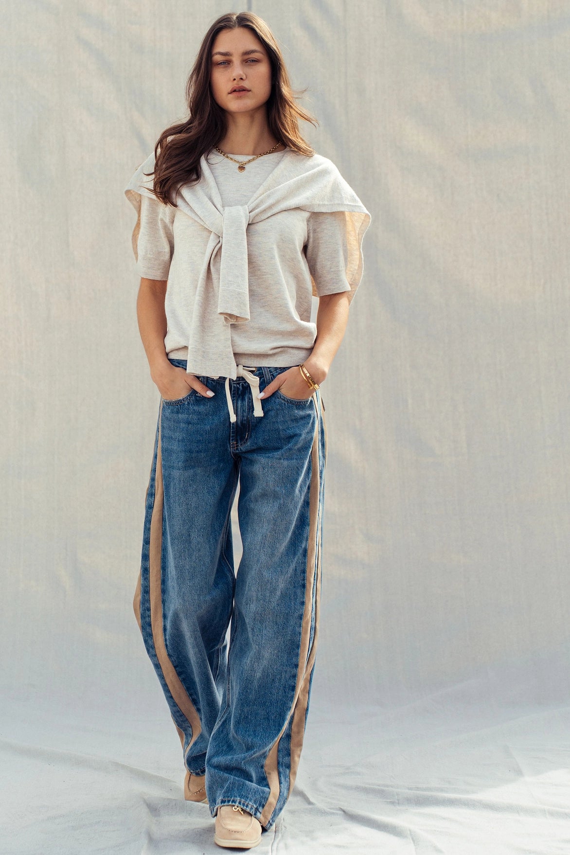 Faux Layered Tie Front Knit Top Oatmeal