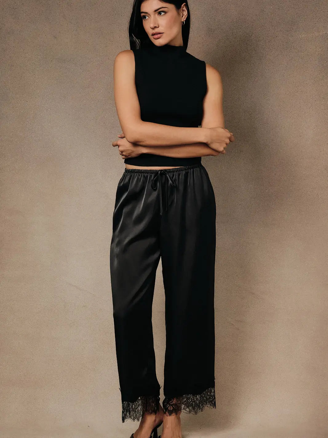 High Waist Lace Hem Satin Pants Black