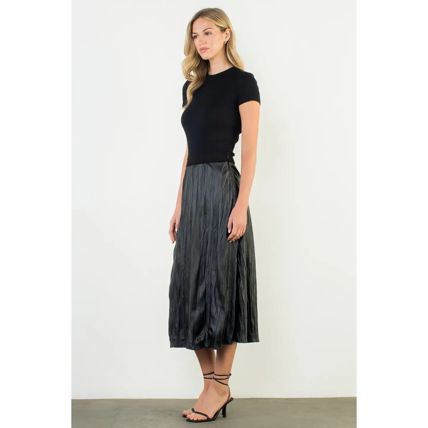Crinkled Leather Midi Skirt Black