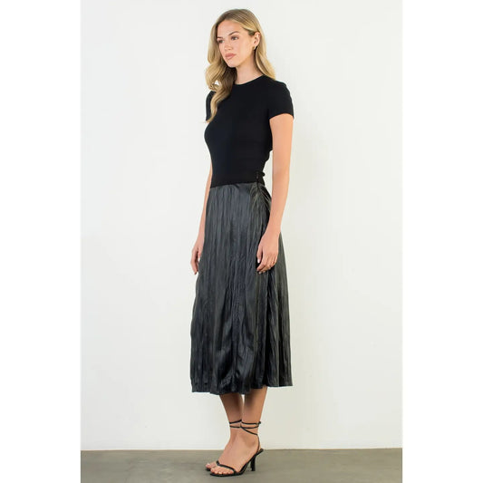 Crinkled Leather Midi Skirt Black