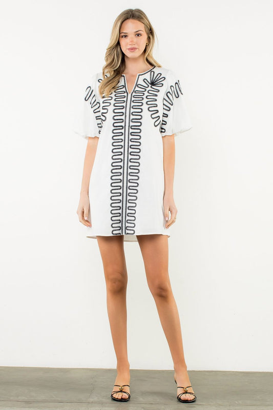 THML Puff Sleeve Embroidered Dress Blk/Wht