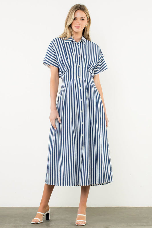 THML Navy Striped Button Up Maxi Dress
