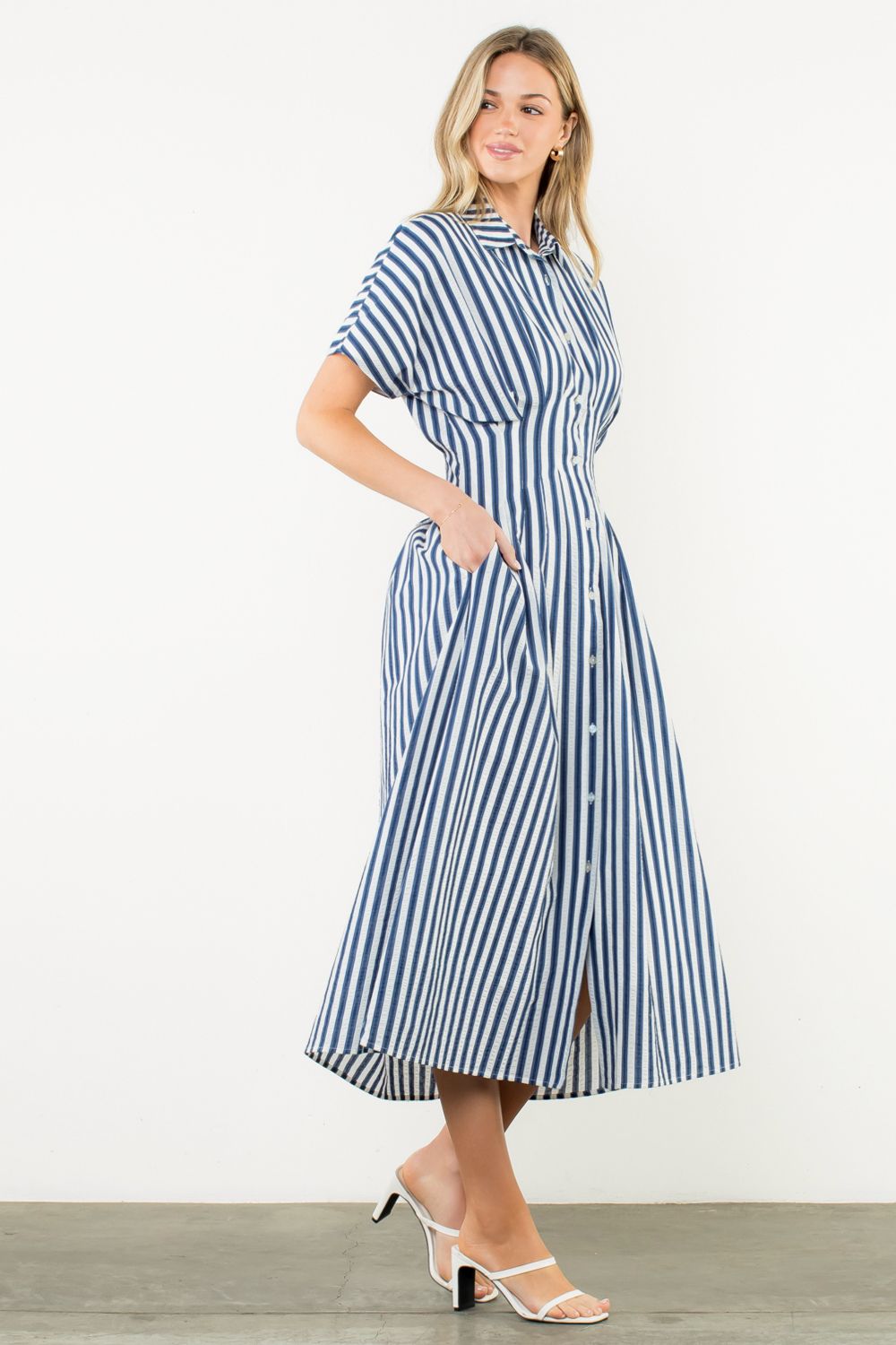 THML Navy Striped Button Up Maxi Dress