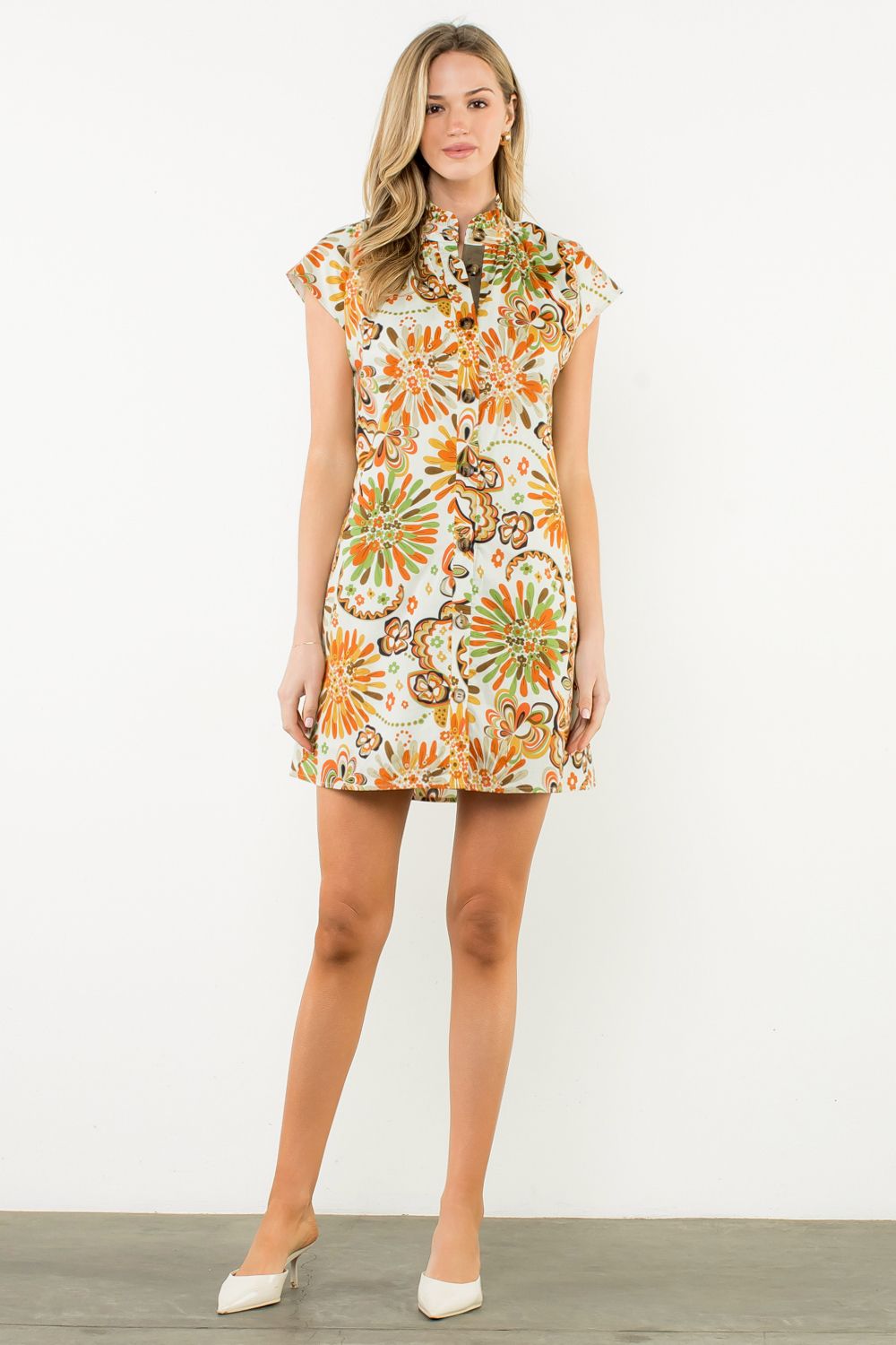 THML Flower Print Button Up Dress Cream