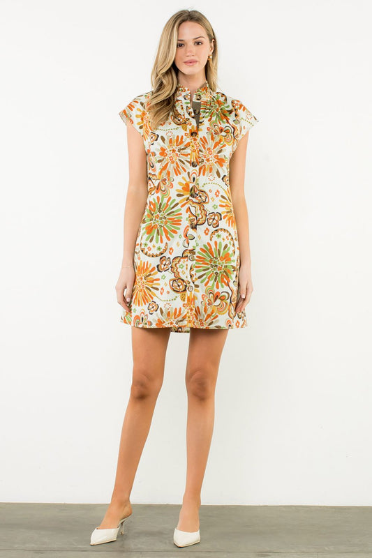 THML Flower Print Button Up Dress Cream