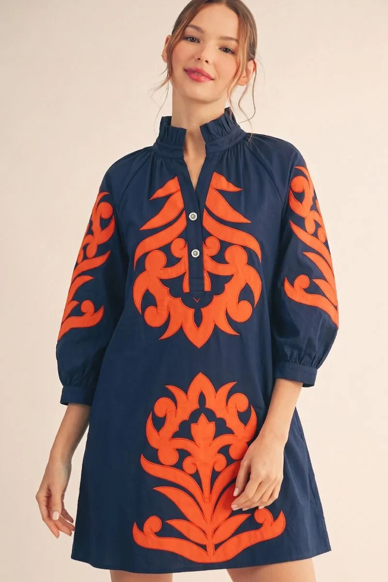 Applique Shift Dress Navy/Orange