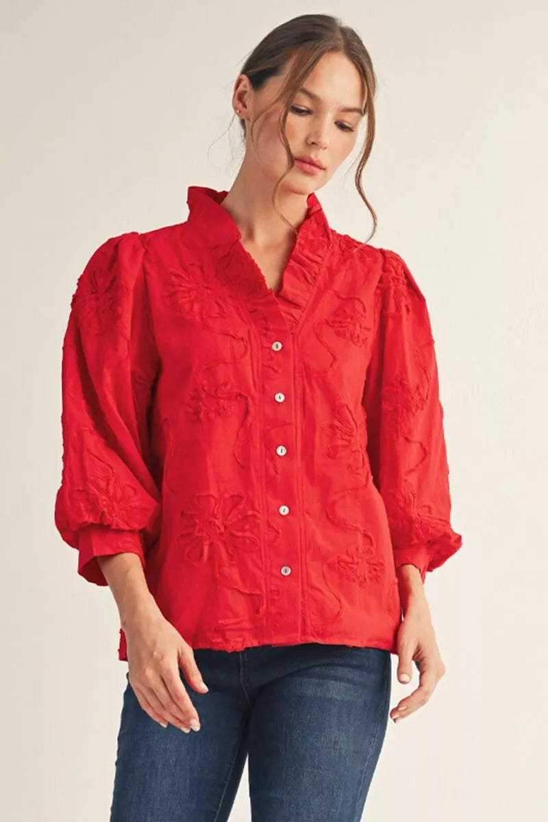Ruffled Neck Textured Top Red