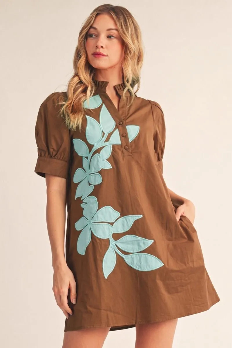 Puff Sleeve Embroidered Applique Dress Blue/Brown