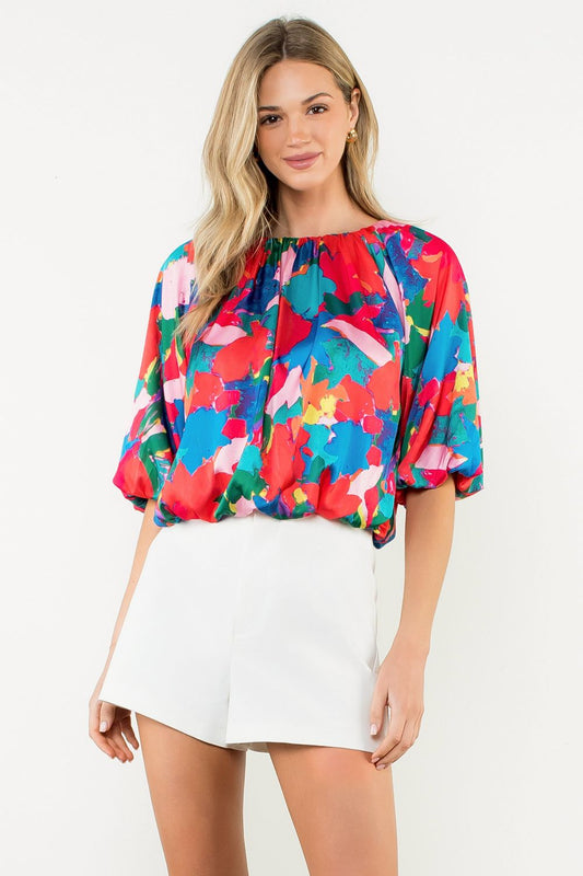 THML Red Abstract Print Flowy Silk Blouse