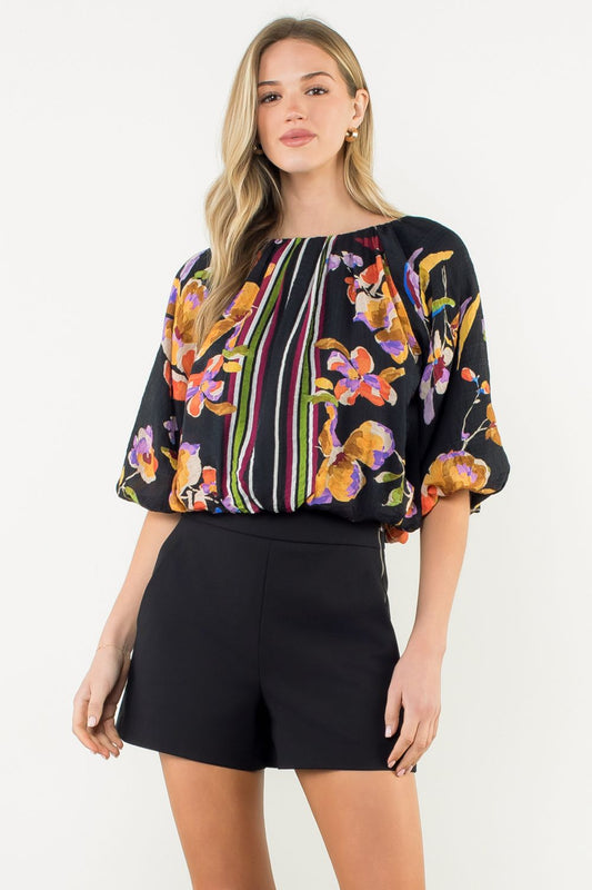 THML Puff Sleeve Floral Blouse Black