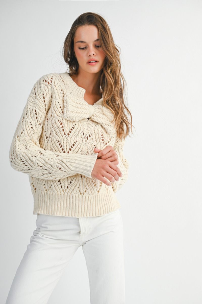 Front Big Bow Knit Sweater Cream