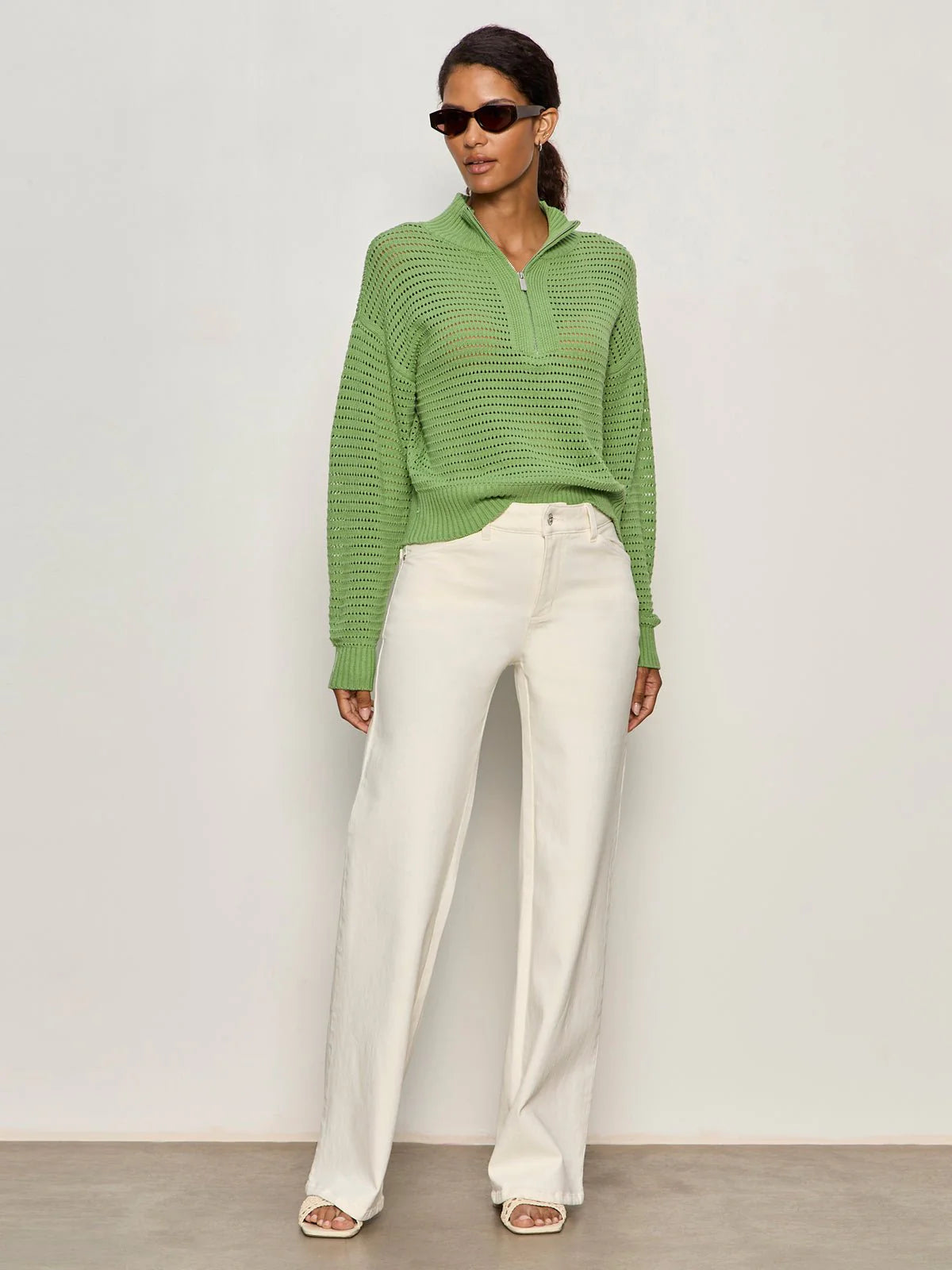 Open Knit 1/2 Zip Sweater Green