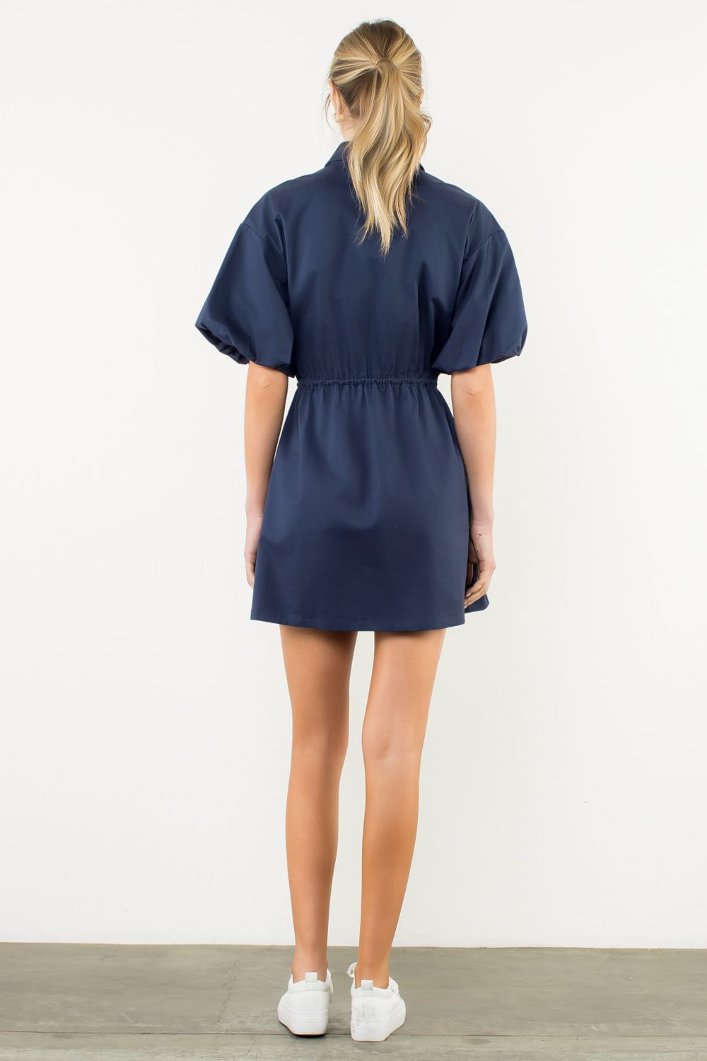 THML Puff Sleeve Half Zip Dress Navy