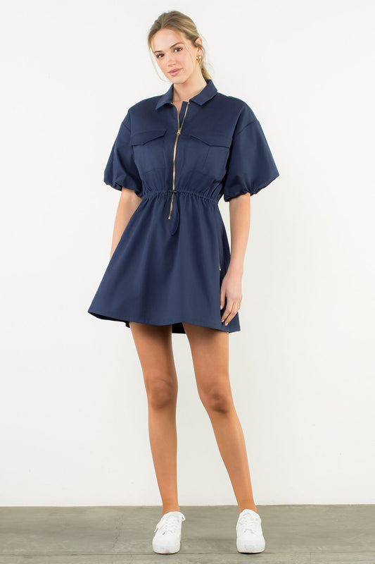 THML Puff Sleeve Half Zip Dress Navy