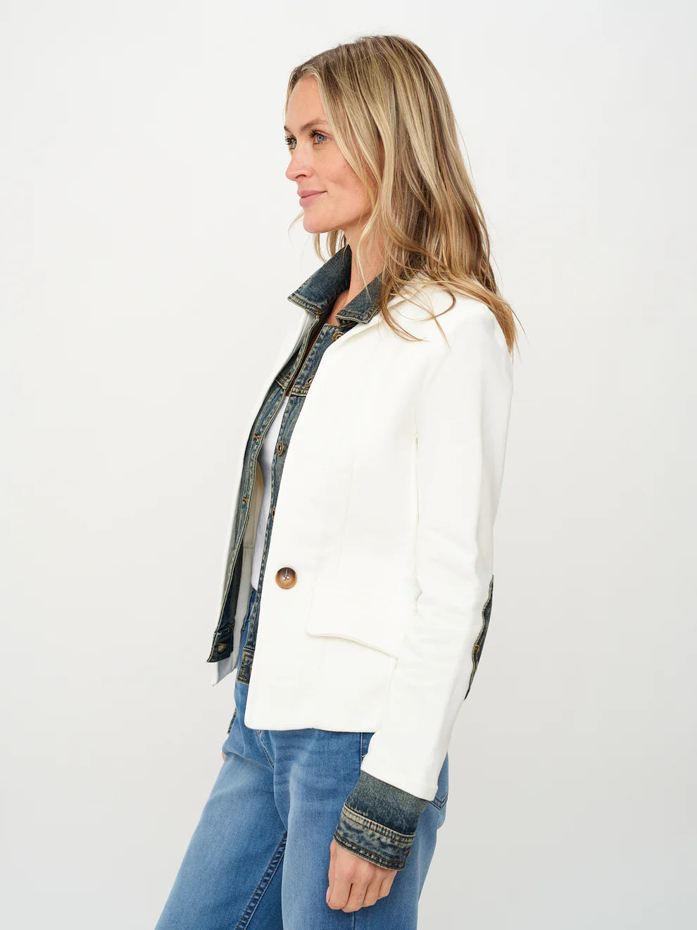 Mixed Media Denim Jacket Ivory