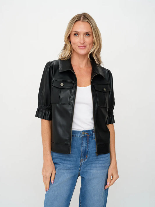 SIX/FIFTY Faux Leather Flutter Sleeve Jacket Black