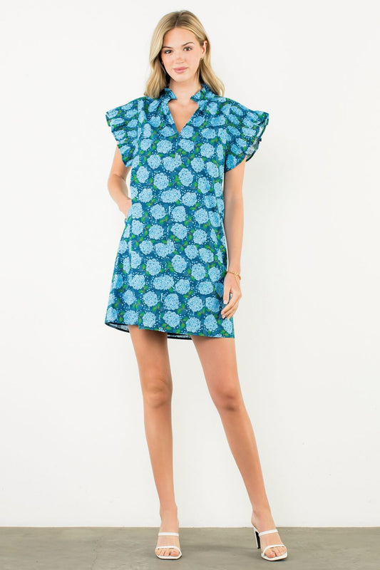 THML Flutter Sleeve Hydrangea Print Dress Blue